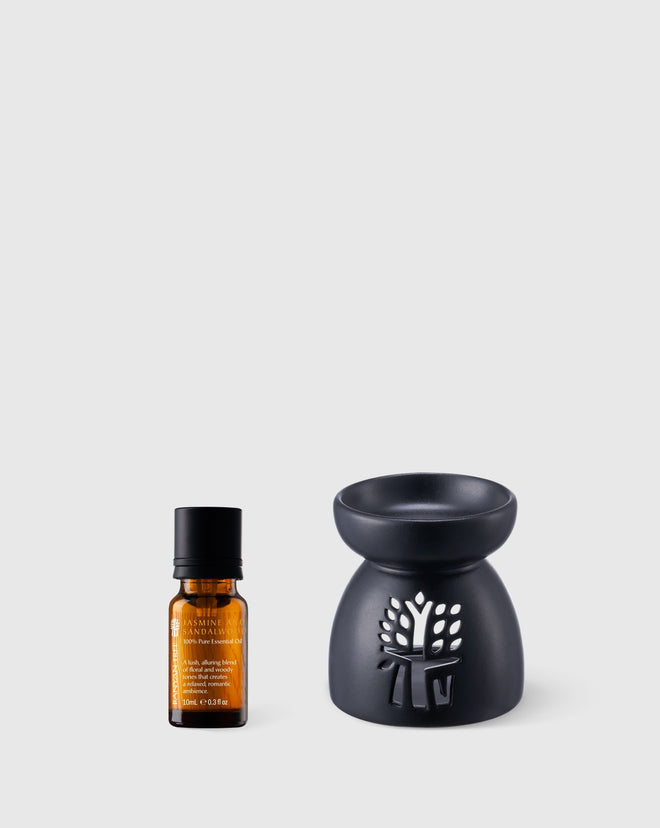 Jasmine and Sandalwood Essential Oil 10ml. + Mini Black Ceramic Oil Burner